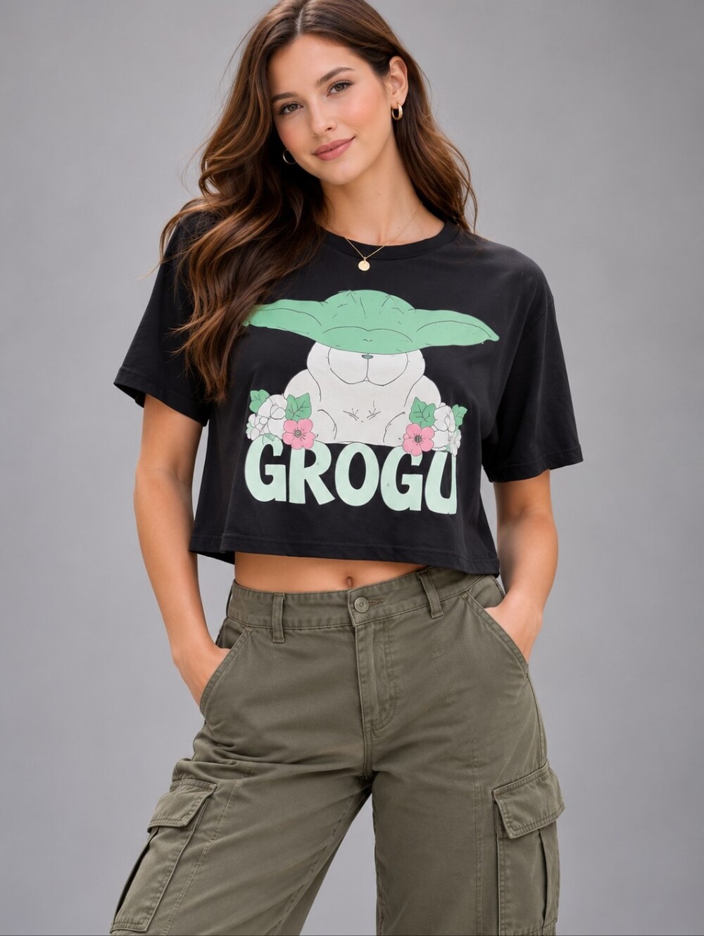 Star Wars Grogu Baby Yoda Women's Cropped T-Shirt Graphic Black Tee Size S NWOT
